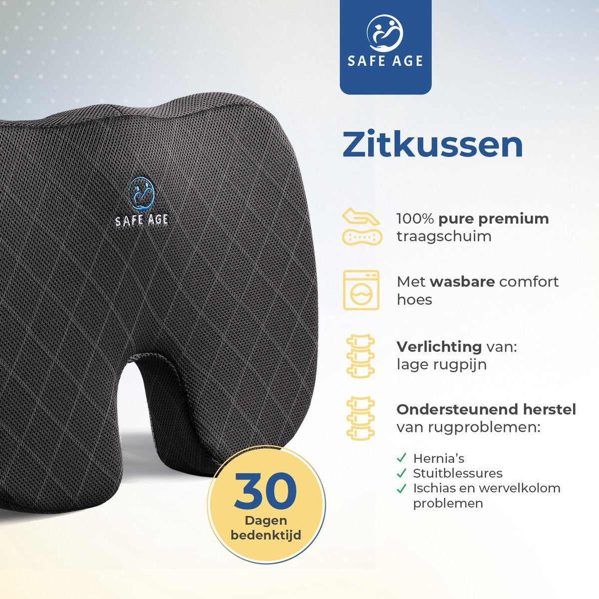 SafeLife Zitkussen orthopedisch & ergonomisch - stuitkussen - wigkussen - ergonomisch zitkussen