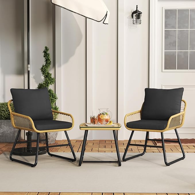 Yaheetech 3-delige Bistroset Tuin - Beige/Zwart - Rotan Tuinset met Glazen Tafel en 2 Stoelen