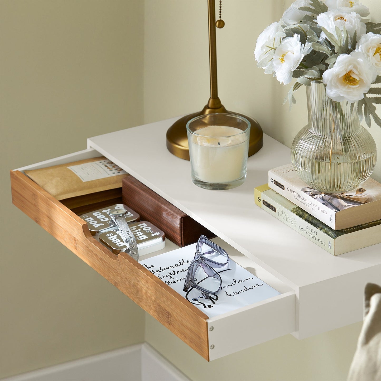 SoBuy Wandplank met 1 Lade - Max 5. kg - 60 x 25 x 8 cm - Wit/ Bruin