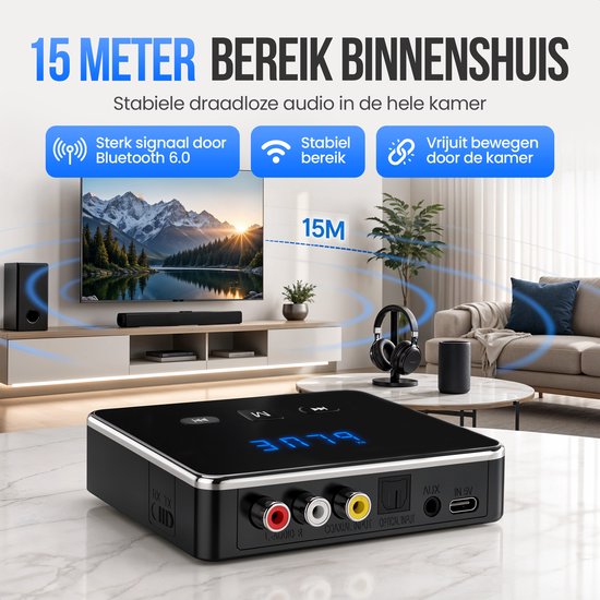 Strex Bluetooth Transmitter en Receiver 3 in 1 Adapter - Bluetooth Audio Zender en Ontvanger - Bluetooth 6.0 - AUX/RCA/Optisch - Draadloos - 15 meter bereik