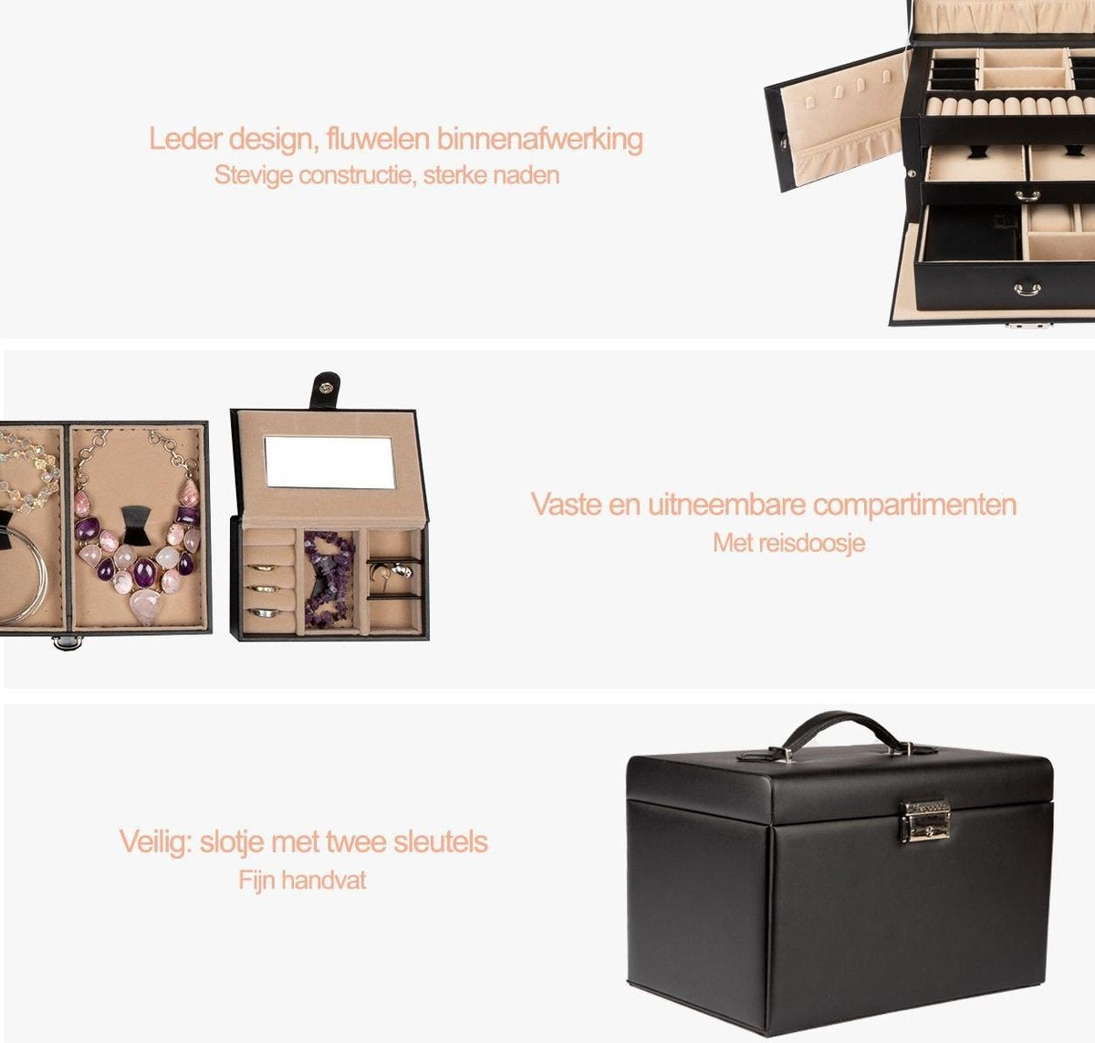 LifeGoods Sieradendoos XL - Juwelendoos - 20 Vakken - Zwart/Beige