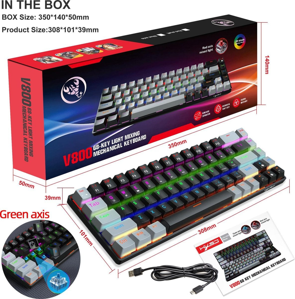 HXSJ V800 RGB Mechanisch gaming toetsenbord - QWERTY - 68 Keys - Blue Switch - Zwart grijs