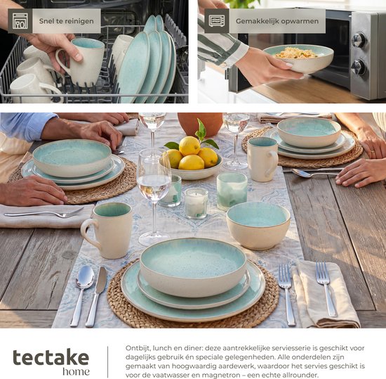 tectake® Serviesset Mare - 30-delig - Aardewerk met Glanzend Glazuur - 6 Persoons - Handgemaakt Servies - Moderne Bordenset met Grote en Kleine Borden, Kommen, Schaaltjes en Kopjes - Vaatwasser- en Magnetronbestendig - Munt