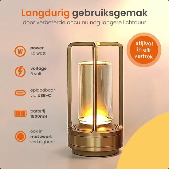 Goliving Tafellamp Oplaadbaar – Lantaarn – Draadloos en dimbaar – Moderne touch lamp – Nachtlamp Slaapkamer – 17.5 cm – Goud