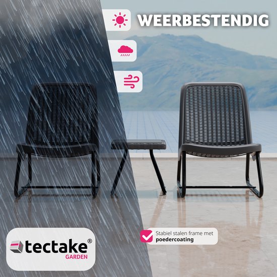 tectake® - Tuinmeubelset voor 2 personen - Buitenmeubels weerbestendig voor balkon - Tuinloungeset - Terrasmeubilair - Zitgroep met 2x loungestoelen en 1x tuintafel bijzettafel - rotan look - grijs