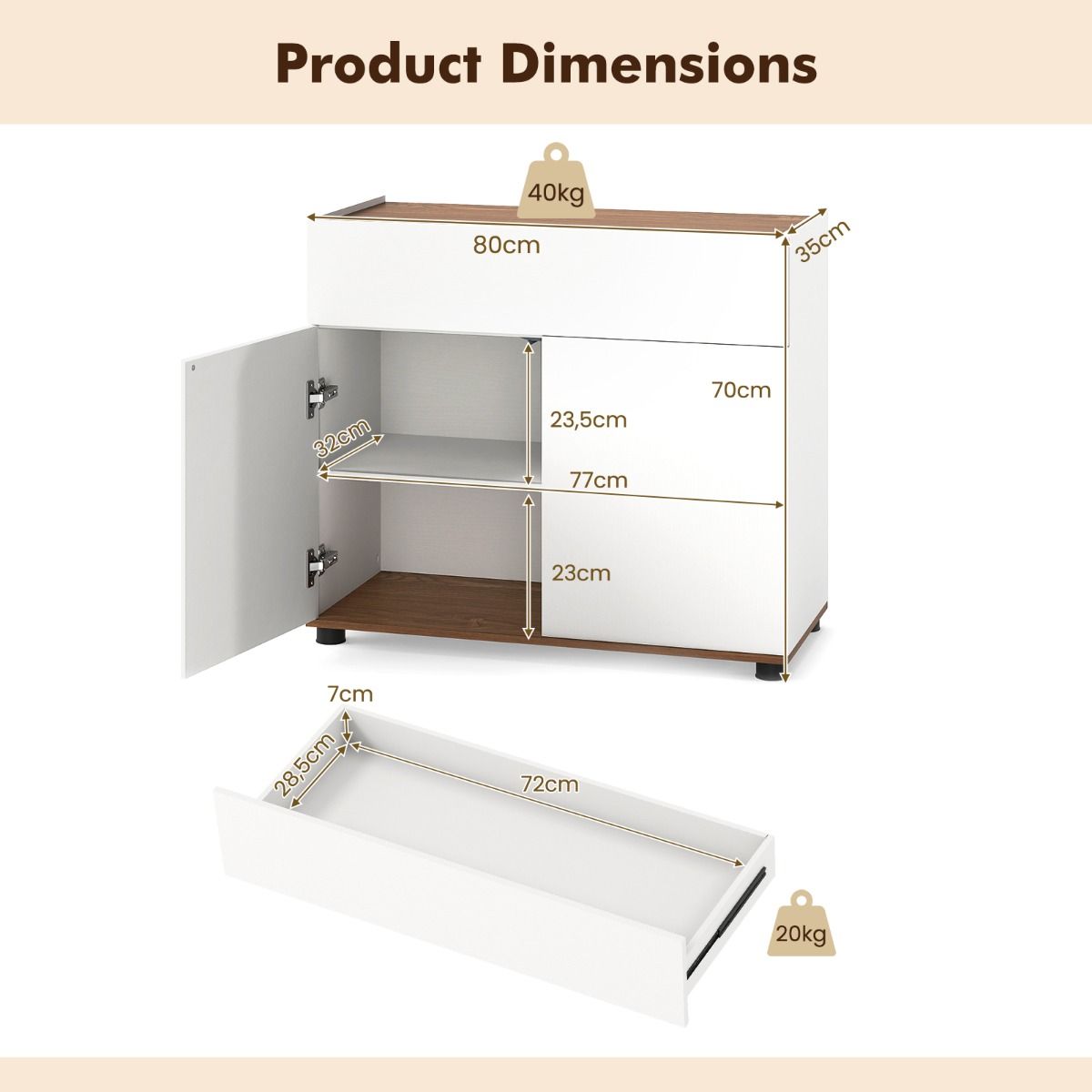 Coast Dressoir met opbergruimte - houten kast met lade en twee deuren - zwart/wit - 80 x 35 x 70 cm