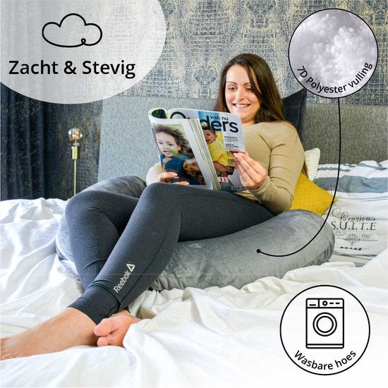 EL-Life Zwangerschapskussen XXL J-vorm - Zijslaapkussen - Lichaamskussen - Voedingskussen - Body Pillow - 155cm - Afneembare Minky Fleece Hoes - Grijs