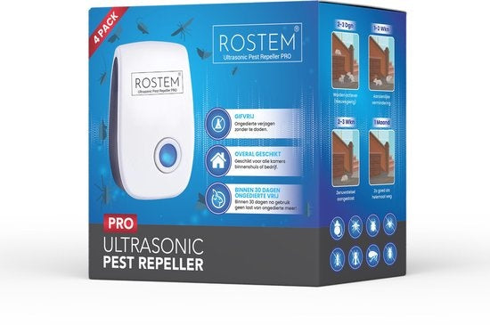 ROSTEM Ultrasone Ongedierteverjager – 4 Stuks, Gifvrij – 120 m² Bereik – Wit