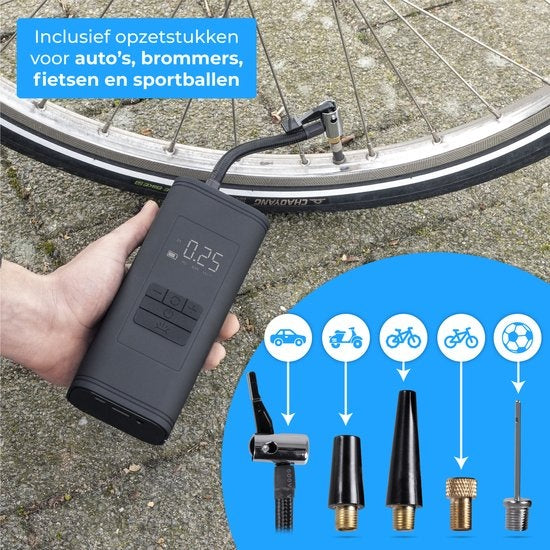 Nuvance - Compressor Bandenpomp - 4000mAH - Elektrische Fietspomp - Luchtcompressor voor Auto, Scooter, Fiets, Bal en Luchtbed - Inclusief opzetstukken - Zaklamp - PRO