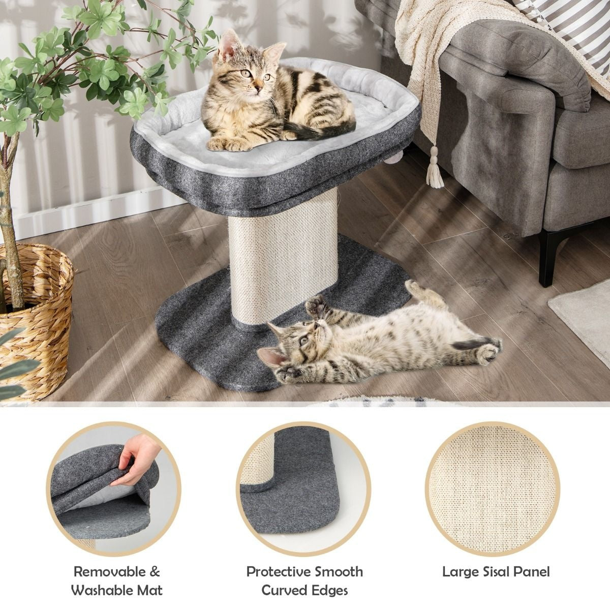 Coast Modern Scratch Tree Cat Furniture met grote pluche stoel en sisal krasplaat grijs