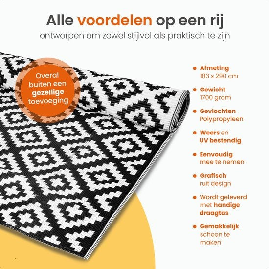 Goliving Buitenkleed Summer Diamond - 183x290CM - Tuintapijt - Buitentapijt - Vloerkleed - Tuinkleed - Omkeerbaar - Incl. Draagtas - Zwart/Wit