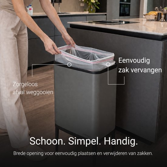 Prullenbak 60 liter - Inclusief afvalscheiderringen 2x 30 liter - 2 vakken - RVS - Graphite grijs - 42x33x76cm - STAUS&BACH Nuvio