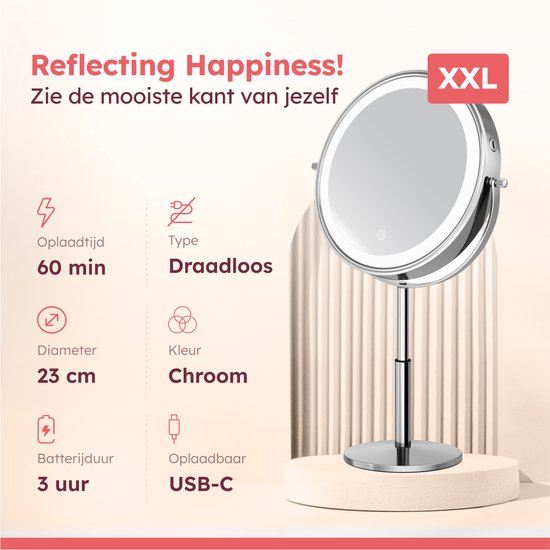 Fraay® XL Make Up Spiegel met LED Verlichting - 10x Vergroting - Vergrootspiegel met Licht - Oplaadbaar - Scheerspiegel - Badkamerspiegel - Chroom