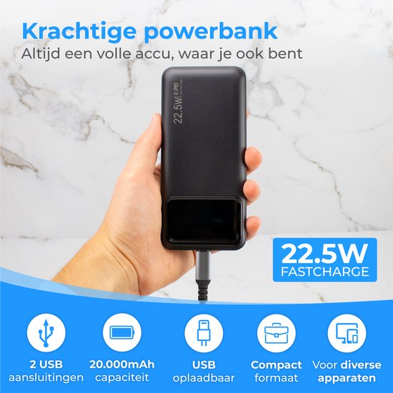 Nuvance - Powerbank 20000 mAh - 22.5W Snellaad Functie - USB, USB-C & Micro USB - Universeel voor Smartphones, Tablets & Gadgets - Reis Powerbanks - Zwart