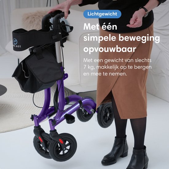 Safe Life® Rollator lichtgewicht en opvouwbaar - Rubberen wielen - zitfunctie - voor binnen en buiten - Rugleuning en wandelstok houder - Paars