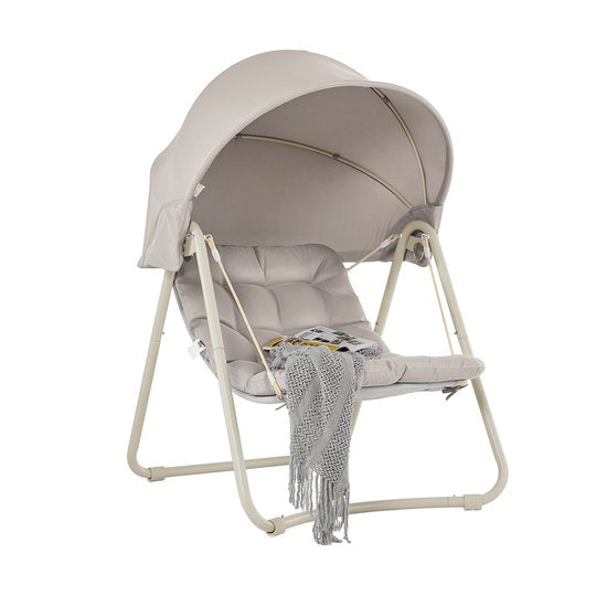 SoBuy OGS62-MI Schommelstoel met verstelbare parasol - Voor Binnen en Buiten - hangmat en Tuinstoel voor buiten - beige, 108 x 126 x 163 cm