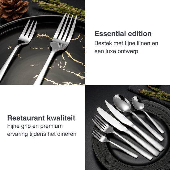 Deleca 12 Persoons Bestekset Essential (72-delig) - Lepels, Messen, Vorken, Steakmessen & Gebaksvorkjes - Vaatwasserbestendig Bestek - Glanzend Zilver / Edelstaal