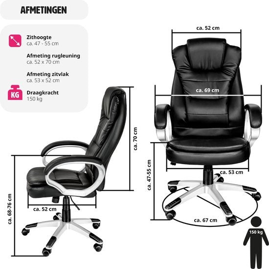 Tectake Luxe Design Bureaustoel - Zwart - Kunstleer - Verstelbaar - 400578
