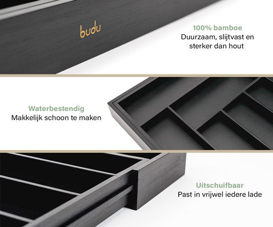 Budu Uitschuifbare Bamboe Bestekbak #47 (47 cm diep) - Zwart - Bestekcassette Hout - Besteklade - 47 x 30,6 - 50 cm - 6/8 vakken