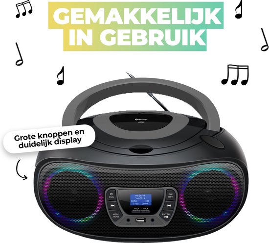 Denver Draagbare DAB Radio CD Speler Kinderen - Bluetooth - Lichteffecten - Boombox - AUX - FM - TDB212GREY