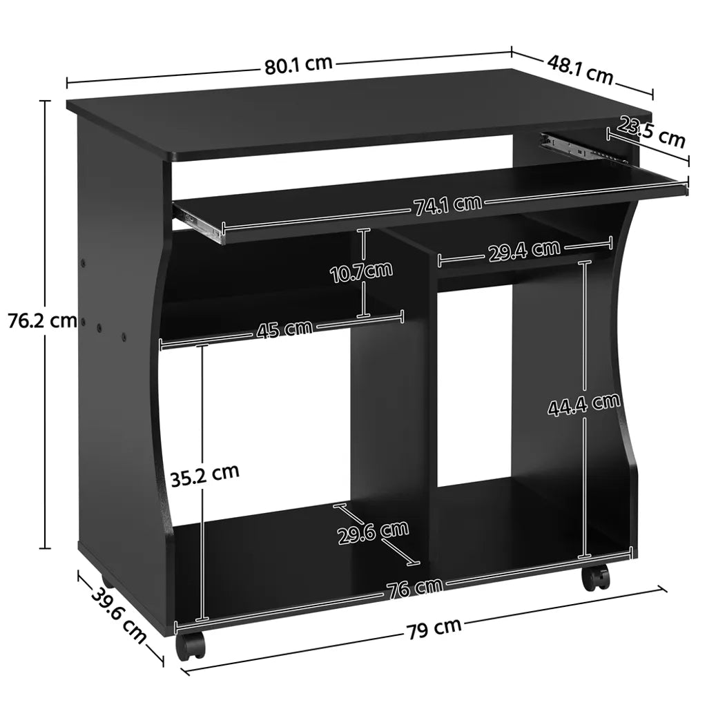 Yaheetech Computerbureau met Toetsenbordlade en Wielen - Zwart - 80 x 48 x 76 cm