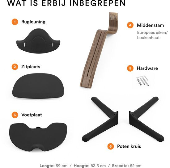 Stokke Nomi stoel, walnoot / zwart - Stimuleert actief zitten - Zonder gereedschap te verstellen - Inclusief stabiele voetsteun en anti-kantelwielen - Kan tot 150 kg dragen