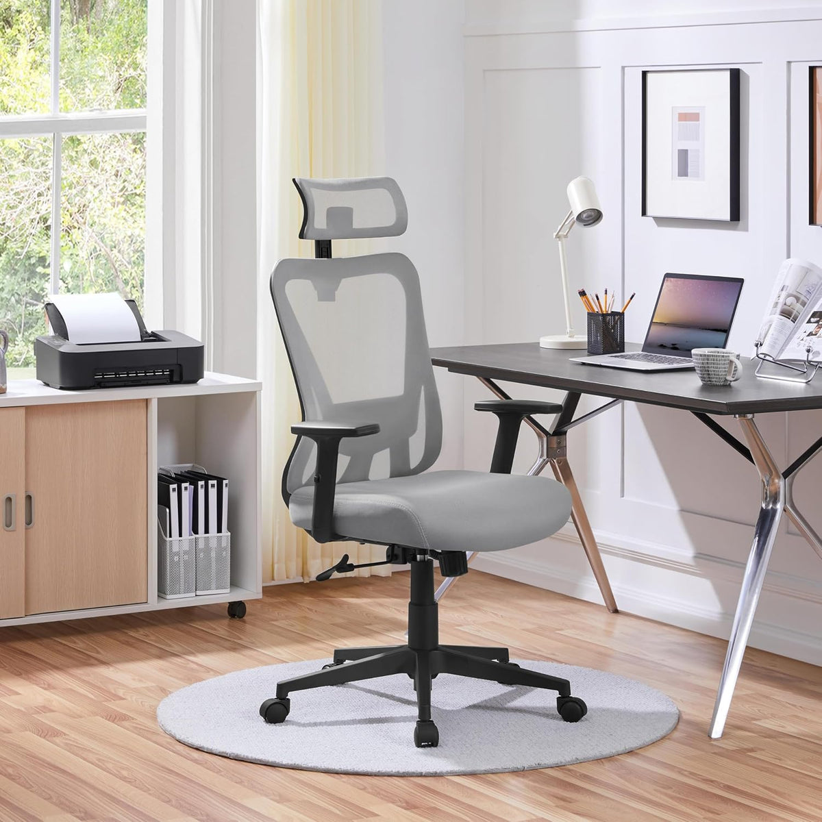 Yaheetech Ergonomische Bureaustoel met Verstelbare Lendensteun en Hoofdsteun 70 × 70 × 125 cm Lichtgrijs
