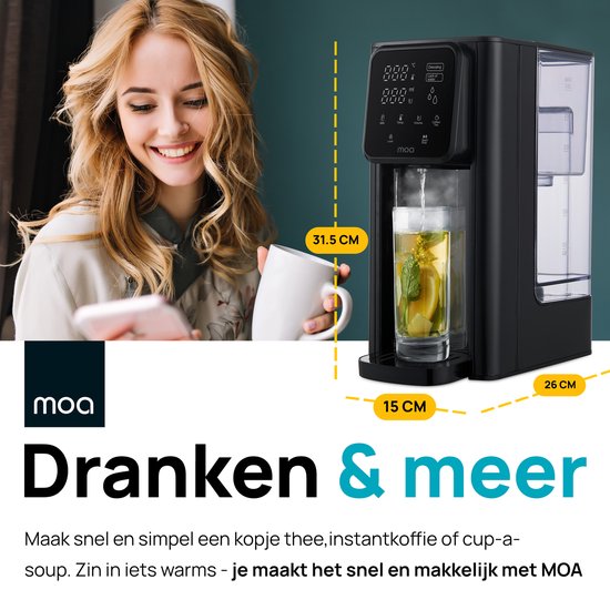 MOA Heetwaterdispenser 3L met Temperatuurregeling - Instant Waterkoker - BPA en PFAS Vrij - 45-100°C - Melkfunctie - Heetwatertap - BPA-vrij - Zwart