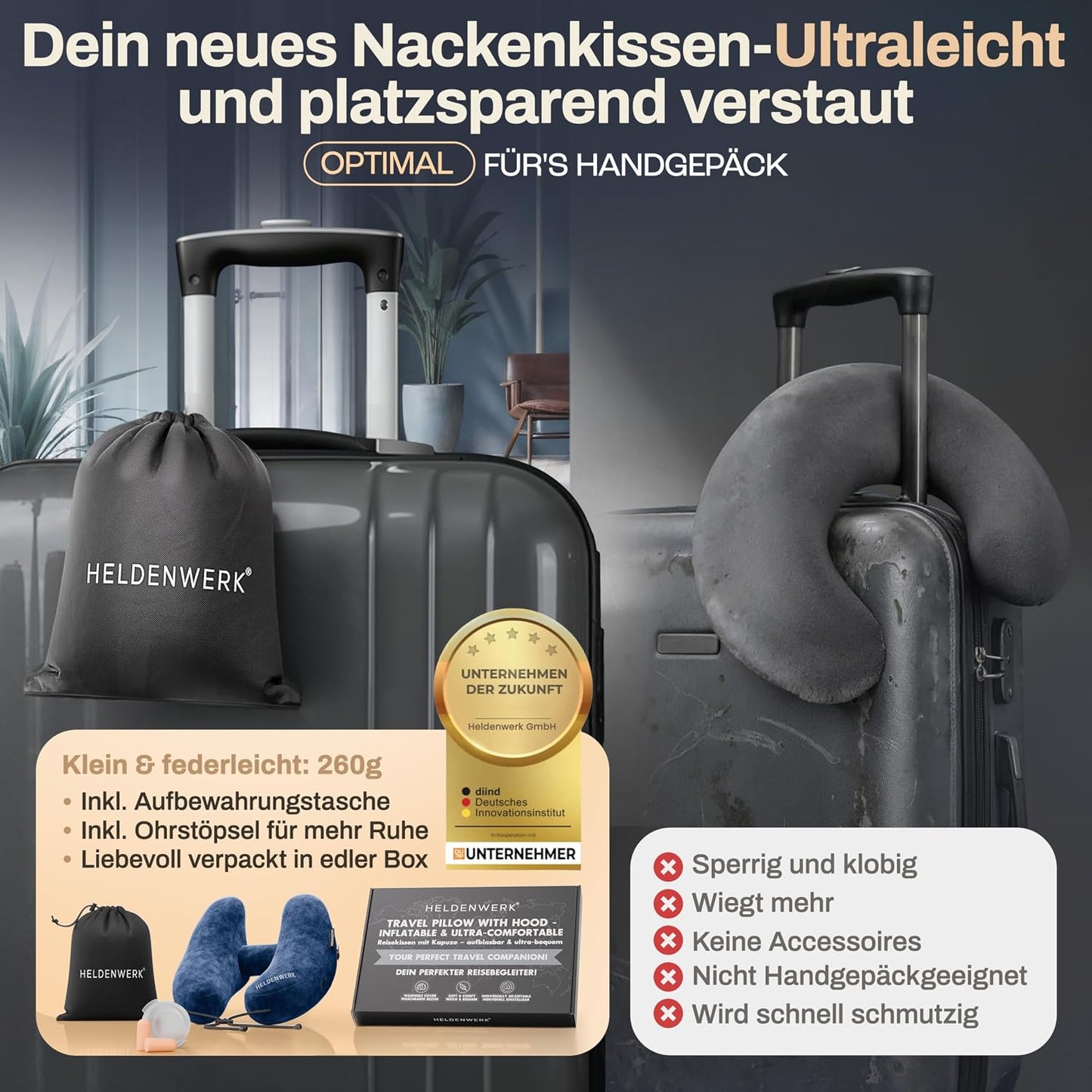 Heldenwerk Premium Air Nekkussen Opblaasbaar - Donkerblauw - Inclusief Capuchon en Oordopjes