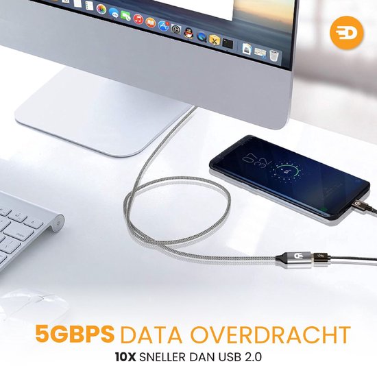 Drivv. Premium USB Verlengkabel 3.0 - Mannelijk naar Vrouwelijk - USB Data Kabel - Snelle Overdracht - 5Gbps - Nylon - 3 Meter - Grijs