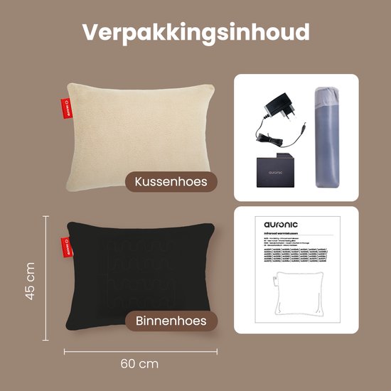 Auronic Warmtekussen - Sherpa Fleece - 45x60 - Draadloos - Oplaadbaar - Elektrisch kussen - Infrarood - Beige