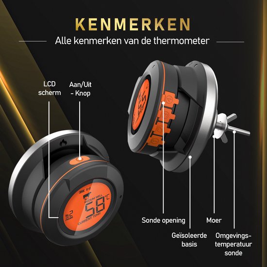 MostEssential AT-02 Vleesthermometer - Incl. Bluetooth, App & 2 Meetsondes - Zwart