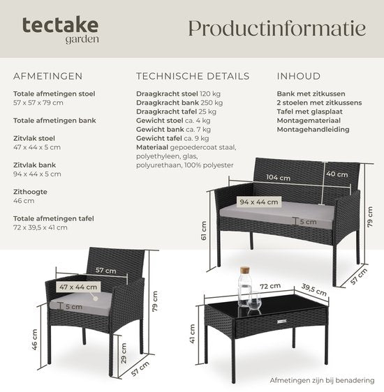 tectake® - Wicker tuinset Palese - Zitgroep voor 4 personen - Tuinmeubelset met loungebank, tuintafel en 2 tuinstoelen inclusief zitkussens - Tuinmeubelen - Waterafstotend - Zwart
