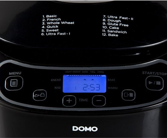 DOMO DO1119B Broodbakmachine - 12 Programma’s - 700-1000g - Glutenvrij Programma - Zwart