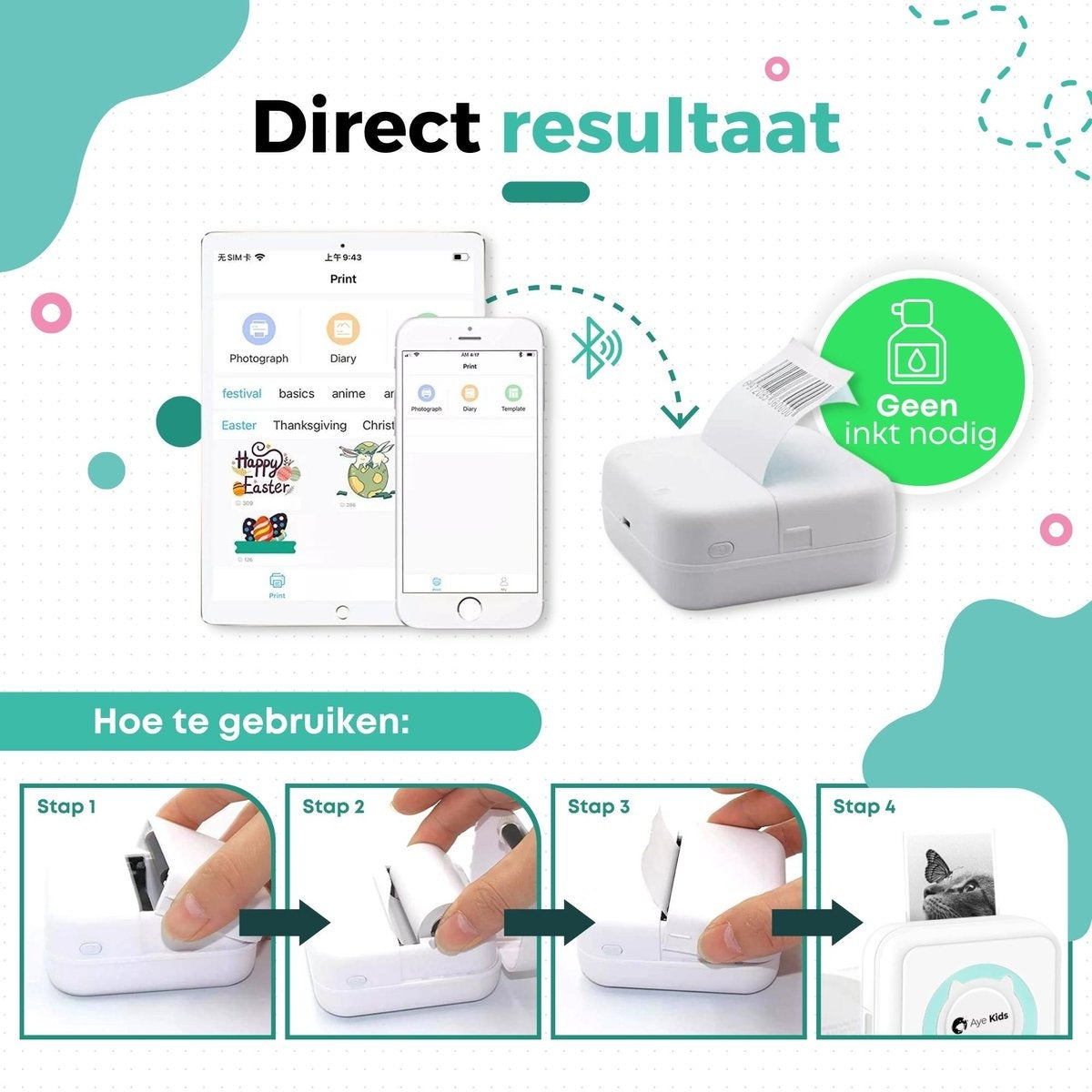 AyeKids Fotoprinter voor Smartphone met Wifi & Bluetooth - Incl. 1 Rol Fotopapier - Draadloze Mini Printer - Wifi Printer - Mobiele Fotoprinter Draadloos - Pocket Printer - Blauw