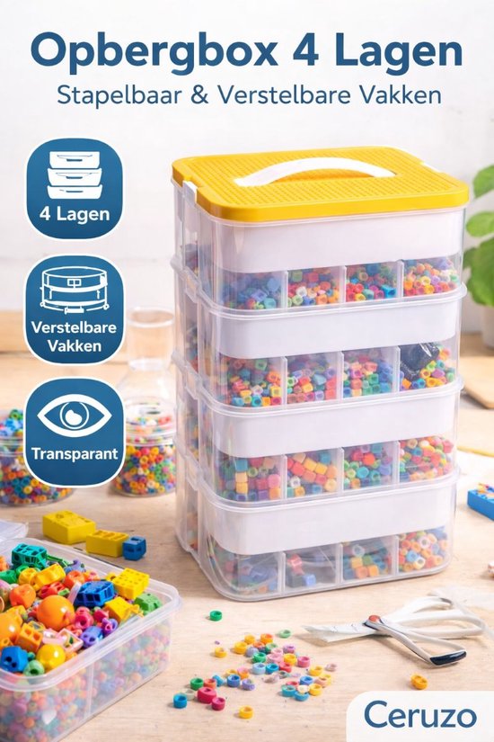 Ceruzo Speelgoed Opbergbox – 4 lagen – Transparant – Stapelbaar – Organizer- Inzetbakken