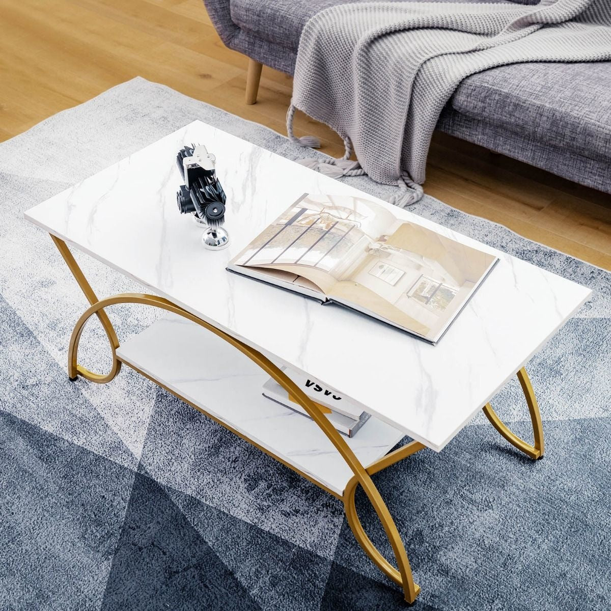 Coast Salontafe; Marmeren Look Modern - 100 x 50 x 45 cm - Wit En Goud