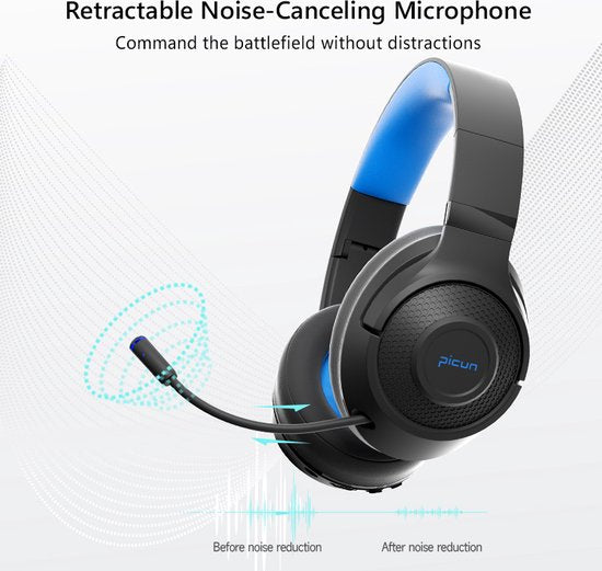 Picun BG-01 Draadloze Koptelefoons - Gaming Headset - Over-ear - Dubbele modus （Bedrade/Bluetooth）- Multi platform - Zwart blauw