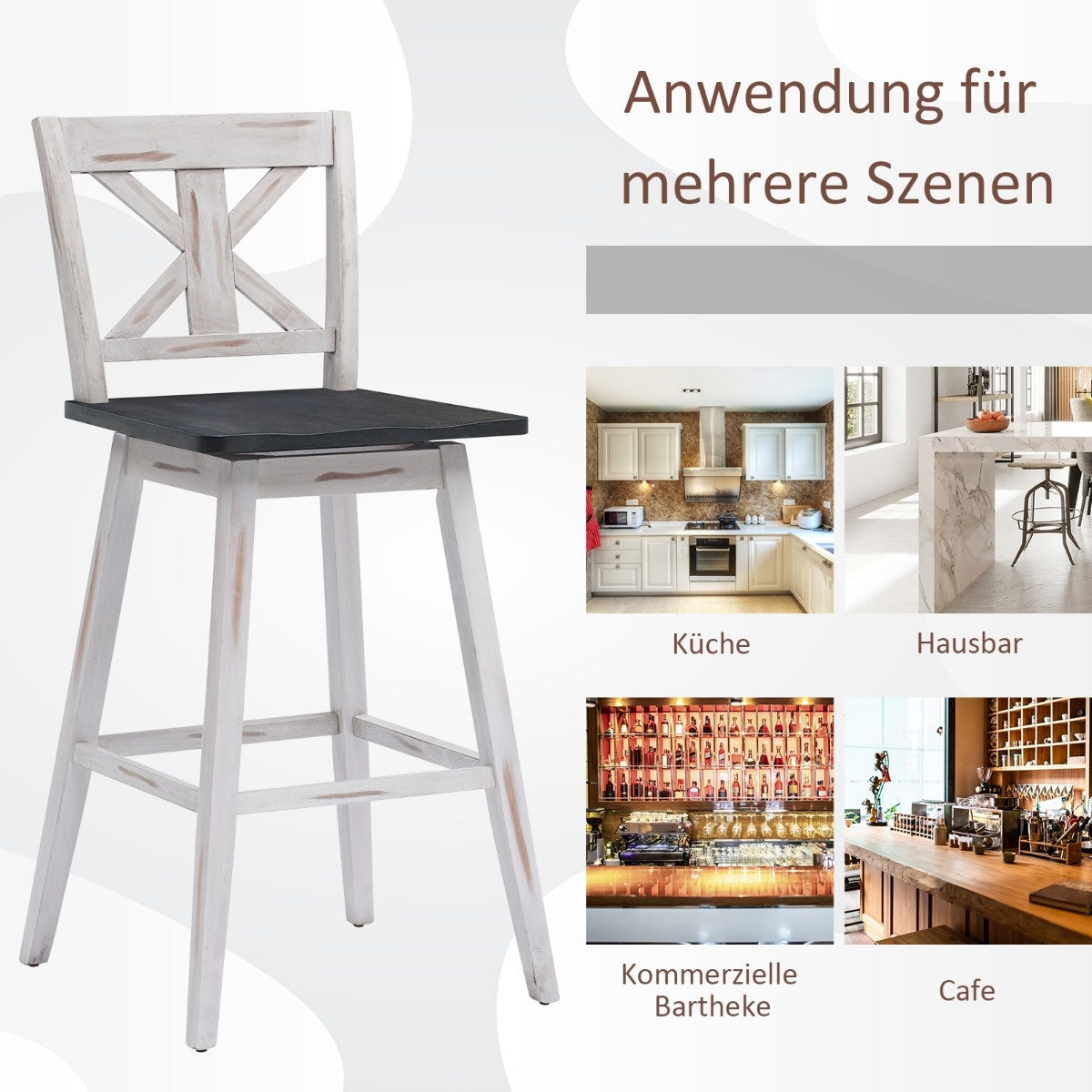 Coast Bar Stool 2 Set Vintage Bar -stoelen met 360 ° roterende stoel en niet -slip coating 73,5 cm wit