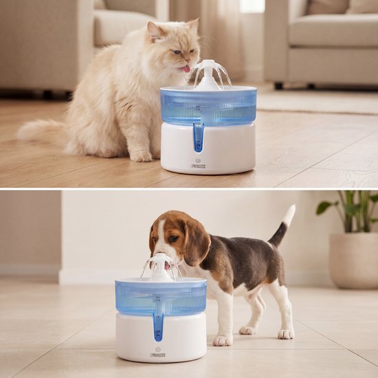 Princess Drinkfontein voor Kat - 2 Liter – 4‑laags Filtratie – Fluisterstil 30 dB – BPA‑vrij – Draadloze Pomp – Incl. Filter - Katten & Honden - Makkelijk Schoon te Maken - 620010