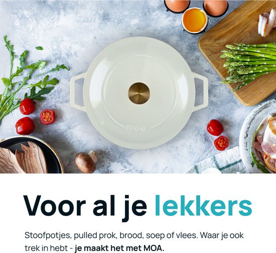 MOA Gietijzeren Braadpan - 5,7L - Voor Alle Warmtebronnen incl. Inductie - Met Deksel - Ø 26cm - Anti-Aanbaklaag - Wit