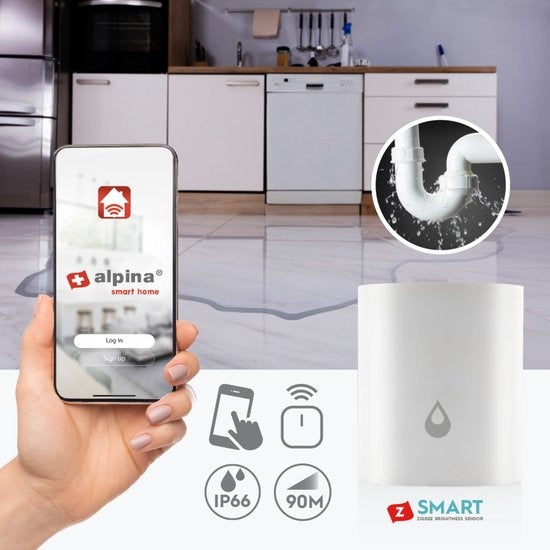alpina Smart Home - Slimme Watermelder - Lekdetectie - 90M Detectie Afstand - IP66 Waterbestendig - Lekkage Sensor