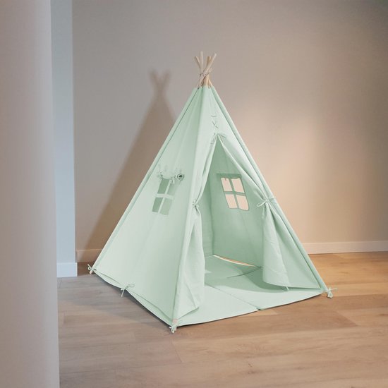 Sunny Alba Tipi Tent Pastel Groen - Wigwam Speeltent met ramen - 120x120x160cm - met Kussen kleed