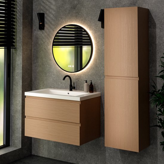 Mirlux Badkamermeubel Licht Eiken 80 cm - Wastafel Wit - Badmeubel set - Wastafelmeubel Licht Eiken