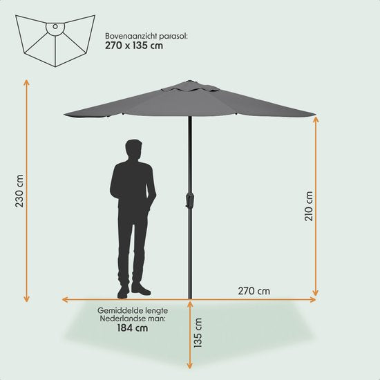 LifeGoods Balkon Parasol - Tuin - 270x135 cm - Halfronde Parasol - Waterdicht - UPF50+ - Donkergrijs
