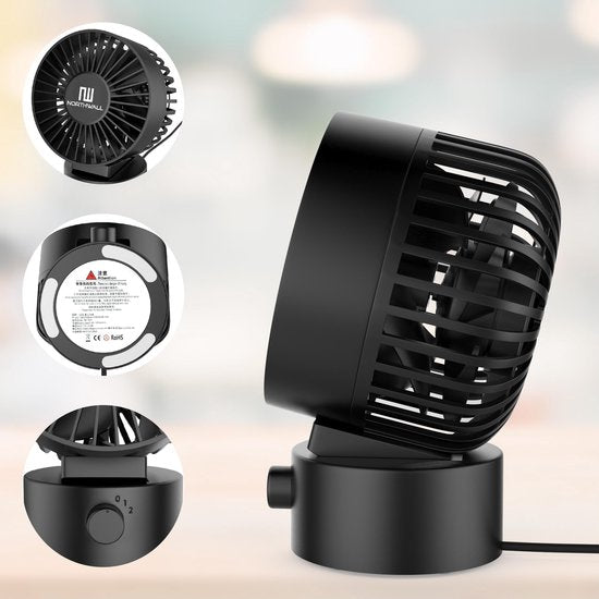 Northwall Mini USB Ventilator - Tafelventilator Zwart - Stille Mini Fan - Retro Bureau Ventilator - Klein, Stil en Geruisloos - Dual Motoren - Kantelbaar - 2 Snelheden