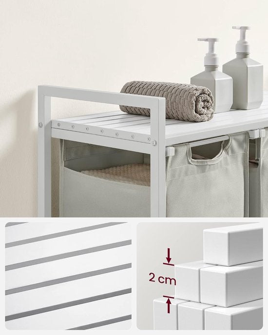 VASAGLE - Wasmand, mand voor vuile was, met 3 vakken en 3 verwijderbare zakken van Oxford-stof, werkblad, metalen frame - 3 x 38 liter, 92,5 x 33 x 72 cm, wit BLH301W01