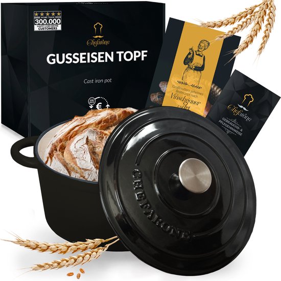 Chefarone Gietijzeren Pan 3.5L - PFAS vrij - Braadpan Inclusief Deksel - Geschikt Voor Alle Warmtebronnen - Geëmailleerd Zwart