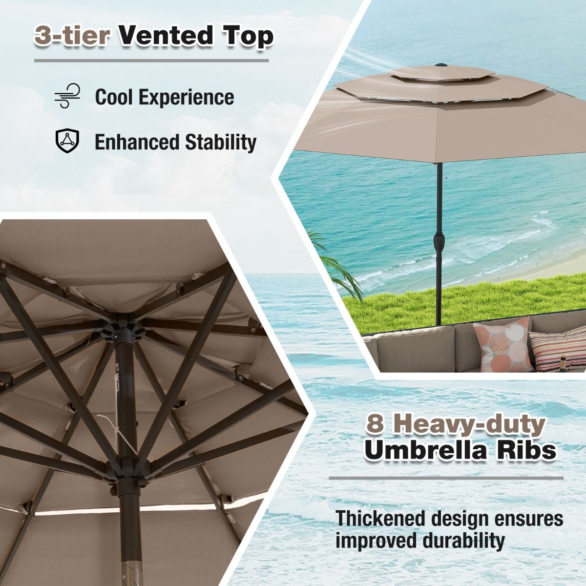 Coast Lichtbruine Tafelparasol 300 cm – 3-Lagen Zonnescherm met Kantelmechanisme en Handslinger – Tuinparasol met 8 Ribben en Geventileerde Kap