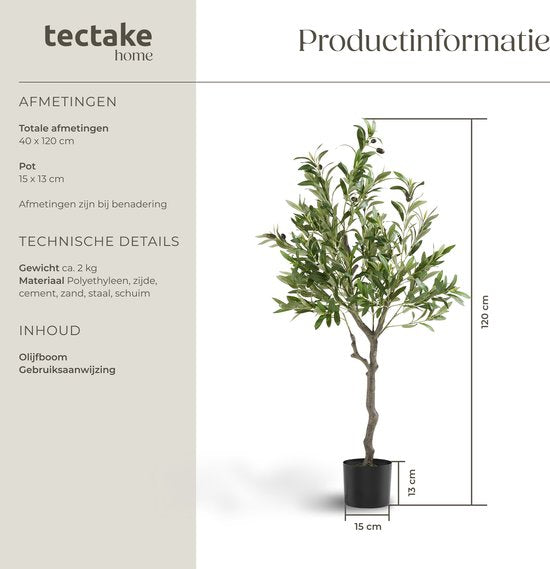 tectake® Kunstmatige Olijfboom Oleand – Mediterrane Kunstplant met Realistische Bladeren en Olijven – Onderhoudsvriendelijk en Veelzijdig – Inclusief Stevige Bloempot – Hoogte: 120 cm